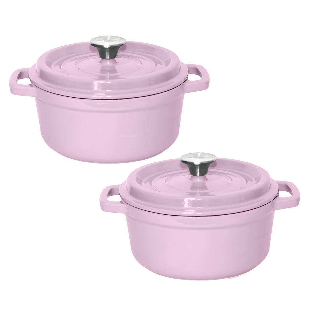 NNEAGS 2X 26cm Pink Cast Iron Ceramic Stewpot Casserole Stew Cooking Pot With Li