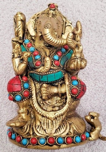 Laxmi Ganesh Ganesha Statue Turquoise Lord Brass Sculpture Hindu Small Deity Fig - Picture 2 of 11