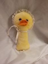 Vintage Eden Duck Plush Baby Rattle Toy Lovey Yellow Chick Bonnet Bow 7"