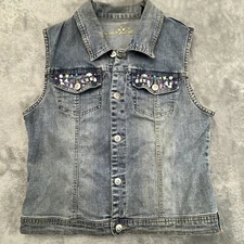 Arizona Denim Vest Juniors Large Faux Gems Distress Stains Trucker Metal Buttons