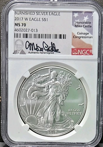 2017 W MS70 Silver Eagle Burnished NGC Castle Flag Label
