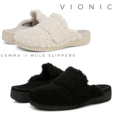 VIONIC Women's Gemma II Mule Slippers Cream Shearling / Black Shearling NWB