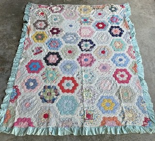 Vintage Antique Grandmother's Flower Garden Quilt Hand Stitched 1930s Depression