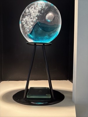 Elio Raffaeli Murano Art Glass Wave Disc Sculpture on Stand   Sommerso Aquarium