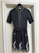 Black Embroidered Short Sleeve Shirt Dress Collared Belted Casual Cotton