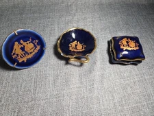 Imperial Limoges Porcelain Cobalt Blue Gold Courting Couple Trinket Dish 3pc