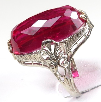 Antique Art Deco Pigeon Blood Synthetic Ruby Rose Cut 14KW Ring Size 4.75 UK-J