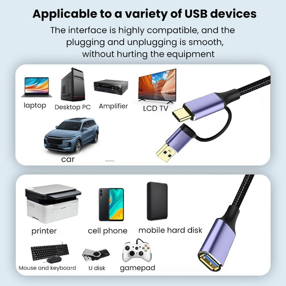 2 in 1 Type-C 3.2 To USB A 3.0 Cable Male To Female Data Cable Car - Image 4 of 4