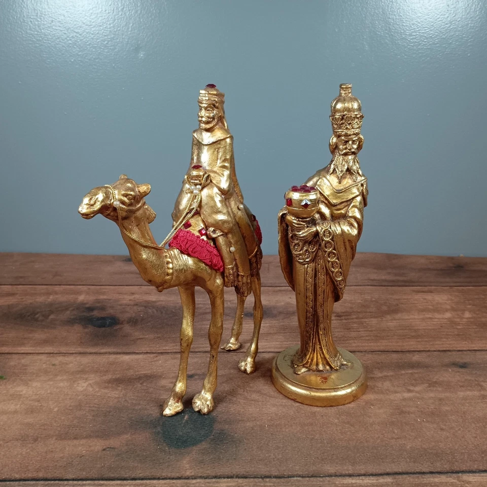 Juego de estatuillas vintage de dos magos en tono dorado de la natividad camello decoración navideña Foto 3 de 4