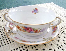 Antique Bohemian Double Handle Dessert Cup & Saucer F&B