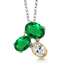925 Silver and 10K Yellow Gold Nano Emerald and Zirconia Pendant Necklace For