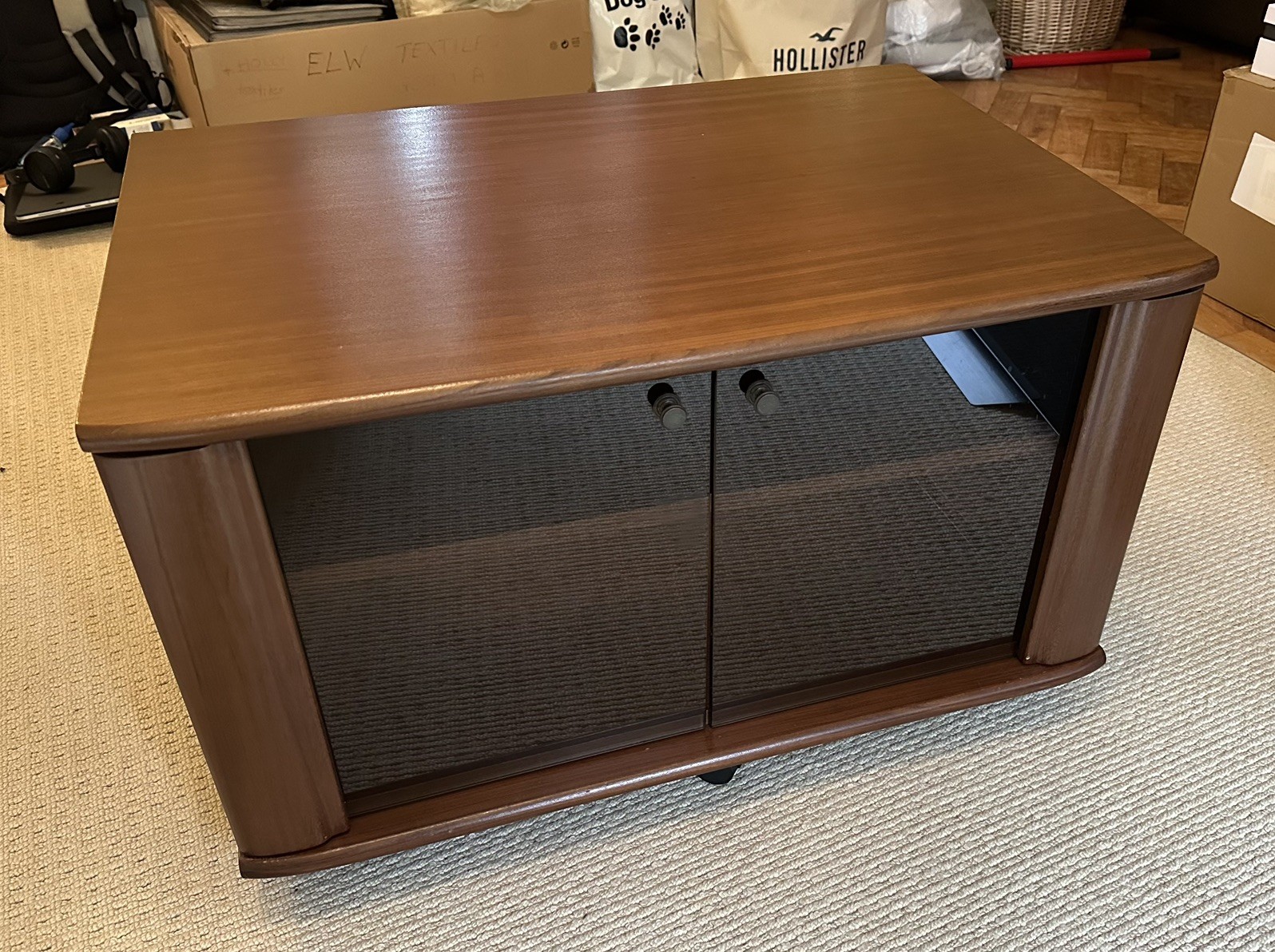 Mid Century Teak TV Unit Solid Wood with Smoked Glass Doors - Great Condition