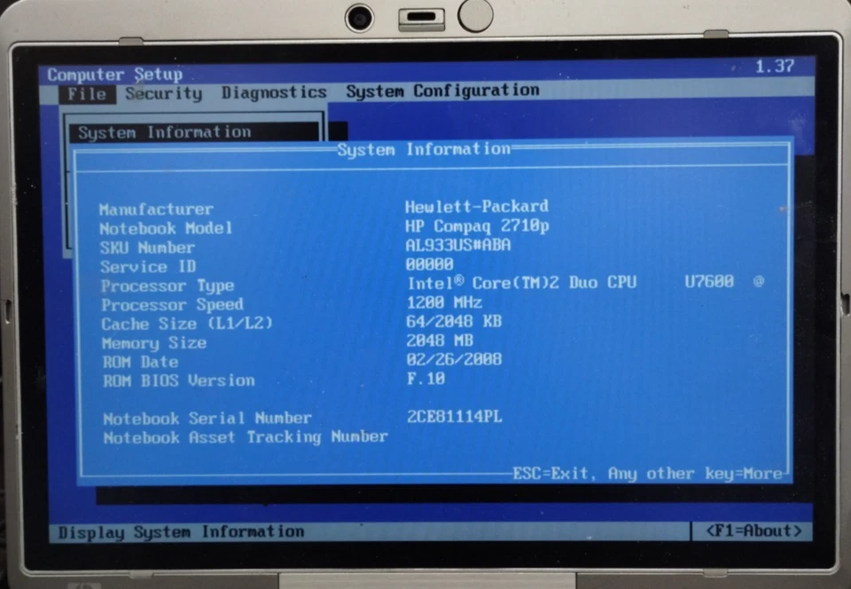 HP Compaq 2710p 12.1" Laptop Core 2 Duo U7600 2GB RAM 100GB HDD Boots/Bios - Image 2 of 4