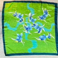Silky scarf brilliant green  blue floral large square mod art-to-wear vintage