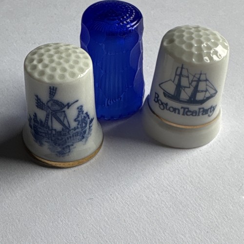 Collectible Sewing Thimbles Boston Tea Party Porcelain Blue Glass Lot of 3