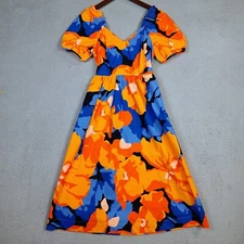 Tabitha Brown For Target Dress Women's 4 Blue Orange Floral  Puff Sleeve Maxi