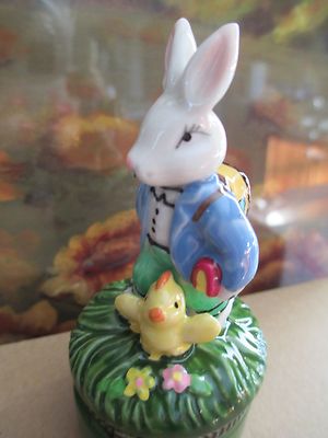 0657  bunny rabbit with back pack and duck  porclein trinket box