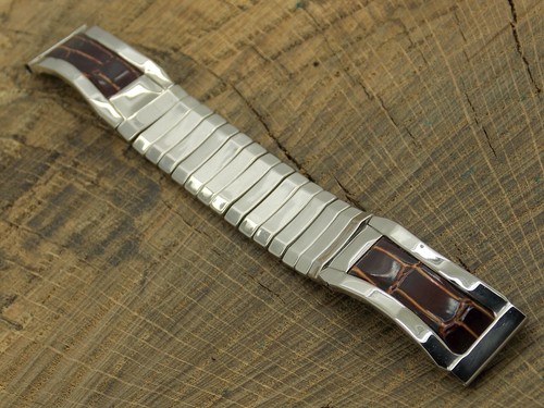 Vintage NOS 16mm Stainless & Faux Crocodile Expansion Watch Band Globe Unused - Picture 2 of 5