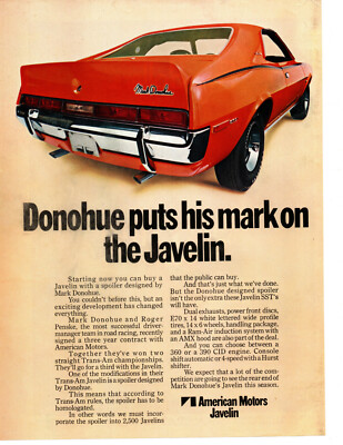 1970 AMC JAVELIN / MARK DONOHUE 360 OR 390 CID ENGINE ~ ORIGINAL PRINT AD