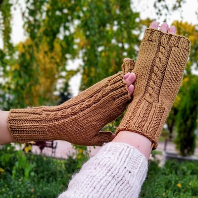 Brown Fingerless Gloves Womens Hand Knit Merino Wool Mittens