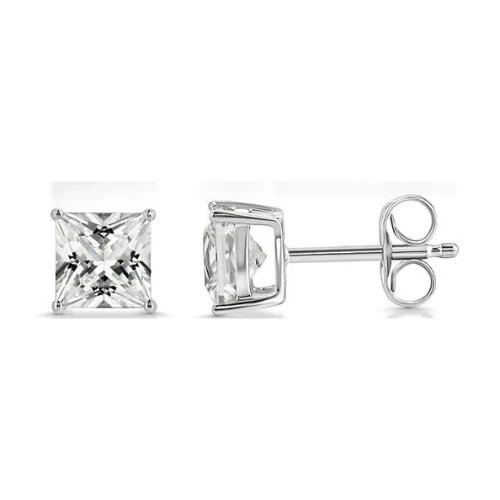 18k White Gold 2 Pair Moissanite Round & Princess Cut Stud Earrings Plated 4mm - Picture 4 of 4