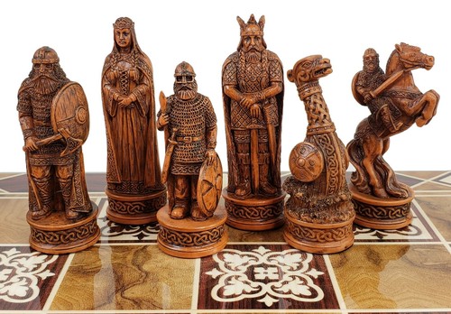Antique White & Brown Norse Viking Chess Men Set 3 1/4" King - NO BOARD - Picture 5 of 7