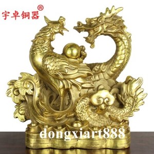 China Old collection Pure copper Handmade Dragon and Phoenix Auspicious Statue