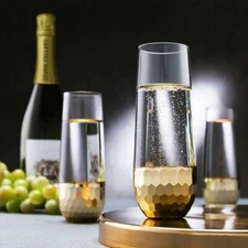 Hammered Brass Plate Stemless Champagne Flute Party Glasses, Set of 4