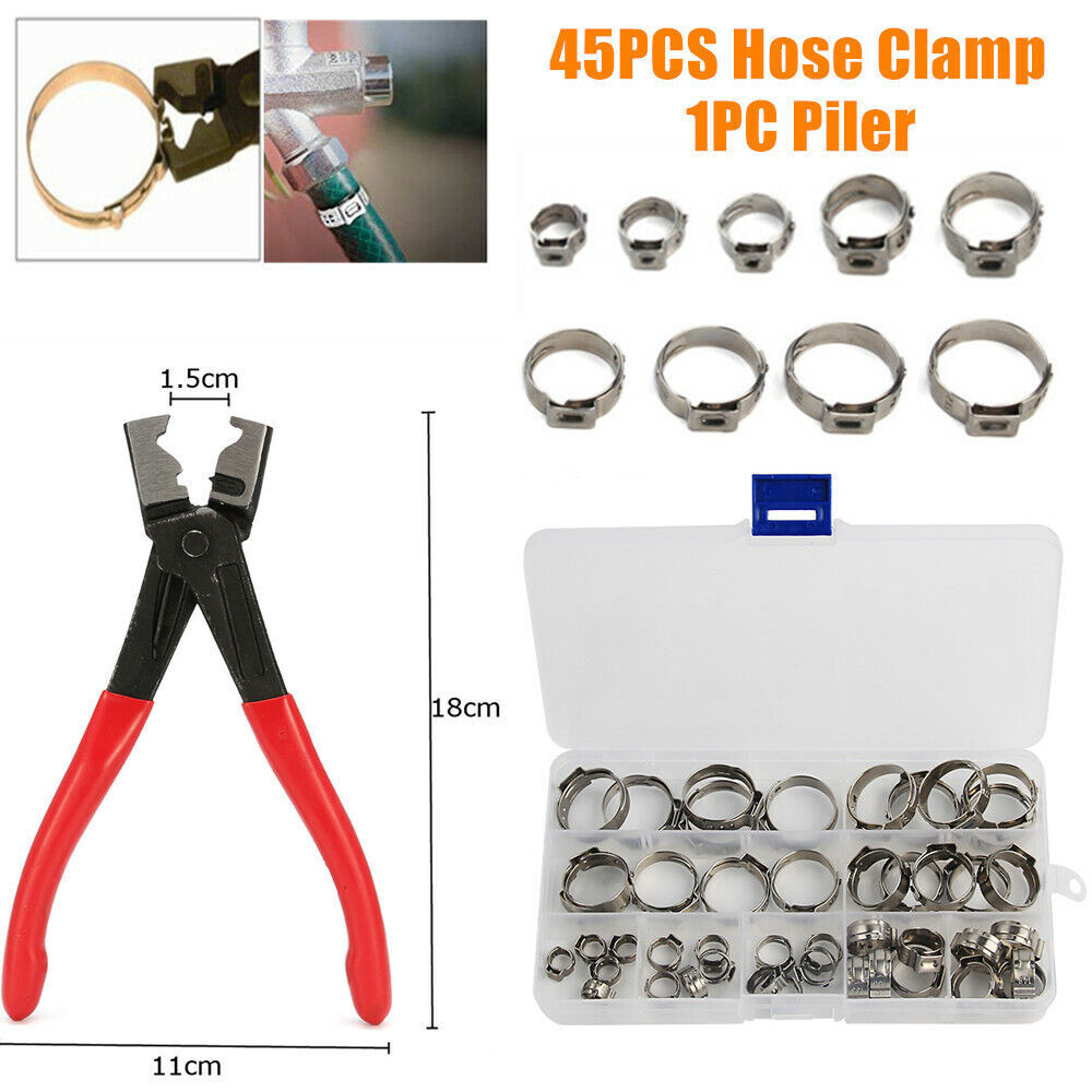 130x Single Ear Hose Clamp Assorted O Fuel Pipe Clip With Clamp Crimp Pliers Set | UK 130x Single Ear Hose Clamp Assorted O Fuel Pipe Clip With Clamp Crimp Pliers Set | UK