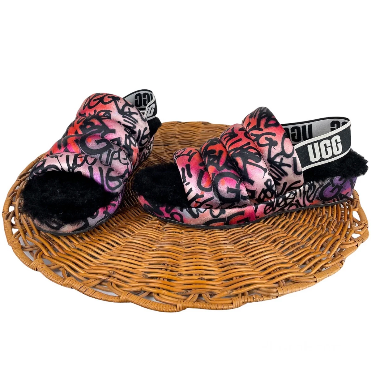 UGG Puff Yeah Pop Graffiti Womens Slipper Slides Sz 6 Shearling