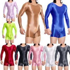 Men's Shiny Oil Glossy Long Sleeve Bodysuit Sport Yoga Jumpsuit Stretchy Leotard