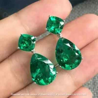 Lab-Created 4.50Ct Pear Green Emerald Drop Dangle Earring 14K White Gold Over
