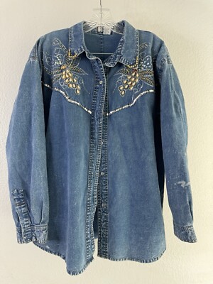 Vintage Pretty Bleu Women's Denim Jean Acid Wash Embellished Shirt Large  Pearls