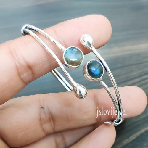 Labradorite Gemstone 925 Sterling Silver Open Designer Silver Gift Bangle SV3077 - Picture 3 of 6