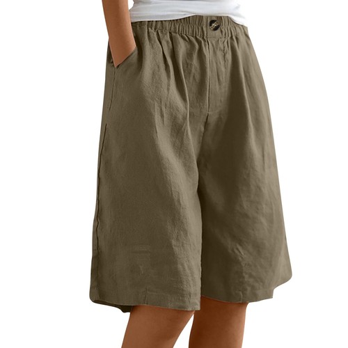 Womens Solid Color Pants Pocket Button Up Capris Loose Elastic Waist Shorts - Picture 23 of 51