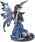 Blue Winged Mystical Fairy Cradling Cat Statue Figurine