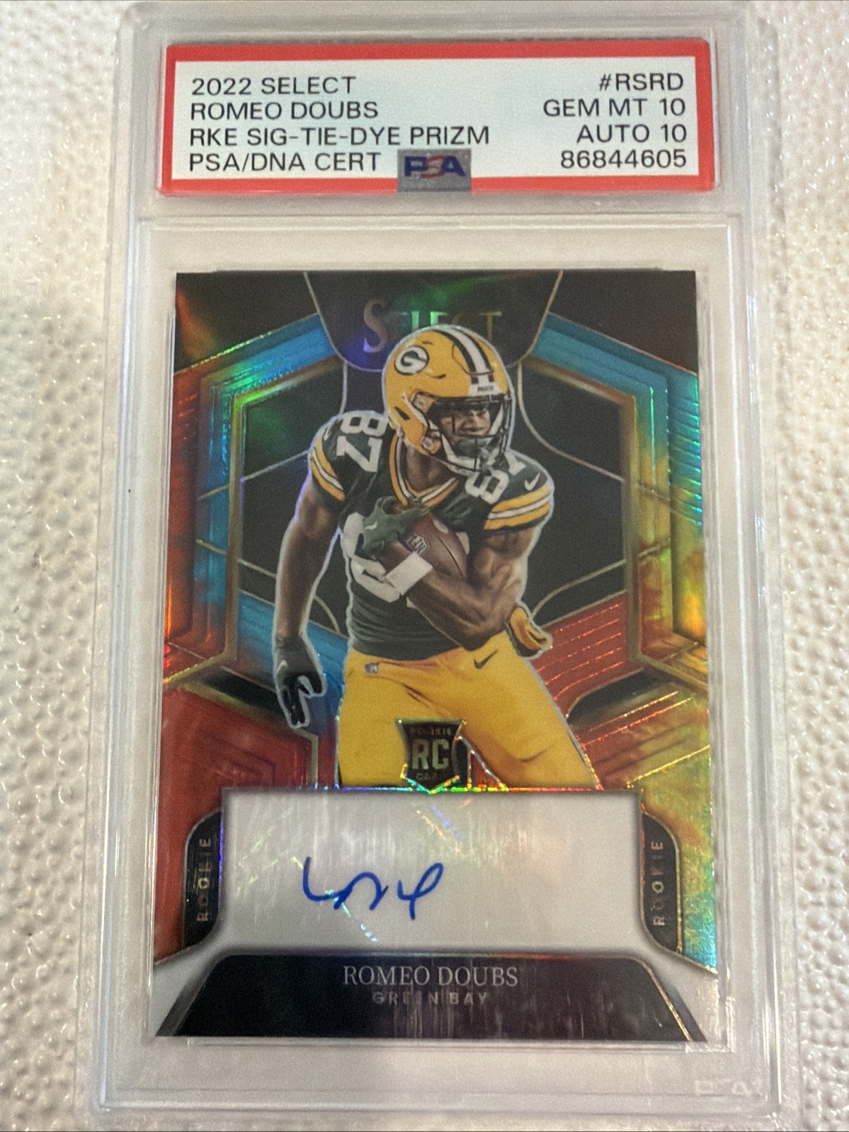 2022 Panini Select Romeo Doubs Tie-Dye Prizm Auto #/25 PSA 10/10 POP 2 Packers view 2