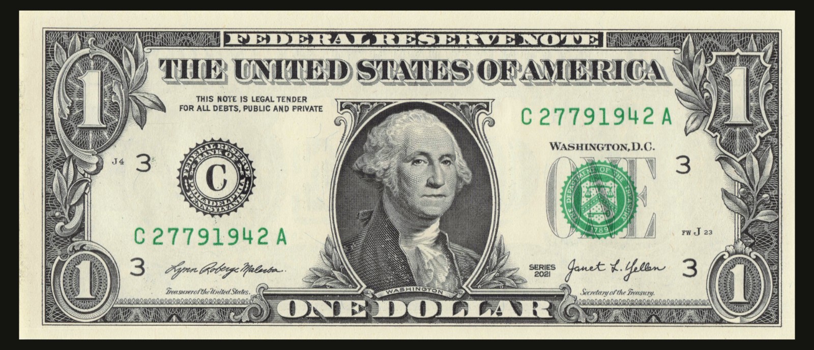 Year Note 1942 in the Serial Number Series 2021 $1 Dollar Bill ...
