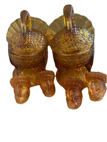 2 Vintage LE Smith Amber Glass Turkey Covered Dish 7" & 4 Mini candle holders