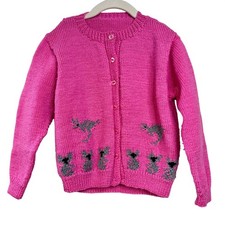 HAND KNIT Kangaroo Koala Cardigan Girls 6 Pink Sweater Australian Animals Girl