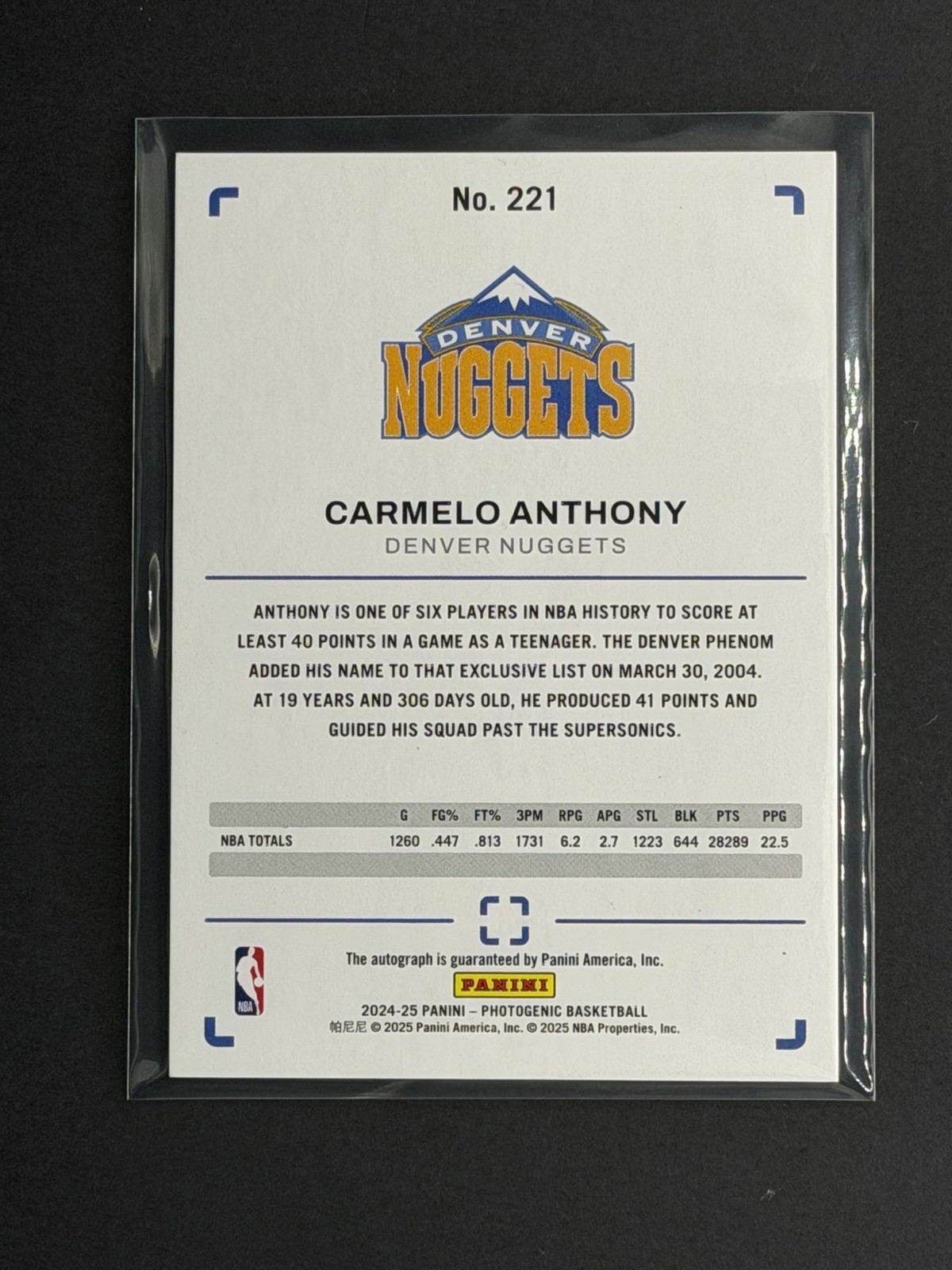 2024-25 Panini Photogenic Carmelo Anthony Auto Autograph SSP #221 Nuggets view 2