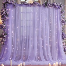 10x8ft Purple Tulle Backdrop Curtain with Lights String for Parites, Sheer Backd