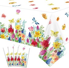 4 Pack Summer Floral Plastic Tablecloth Watercolor Wild Flowers Table Cover