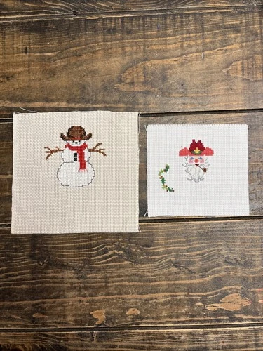 Completed Counted Cross Stitch Pieces Cowboy Santa Snowman With Cowboy Hat