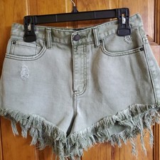 BDG High Rise Cheeky Green Denim Cutoff Shorts Frayed Distressed Size 28