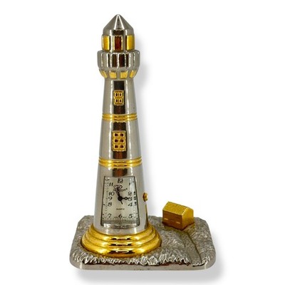 Platinum Lighthouse Quartz Desk Clock Nautical Novelty Silver Gold 4'' Japan Movt