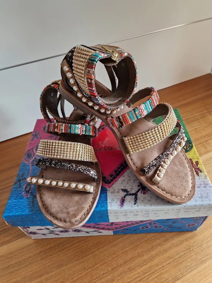 Sandalen mit Strass-u. Schmucksteinen✨️Braun/Bunt✨️Gr.38*NEU*siehe Beschreibung - Bild 2 von 4