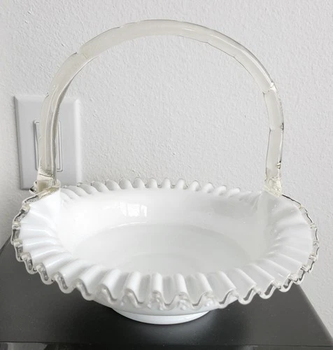 Vintage Fenton Milk Glass Silver Crest Ruffled Rim Bowl with Basket Handle Decor