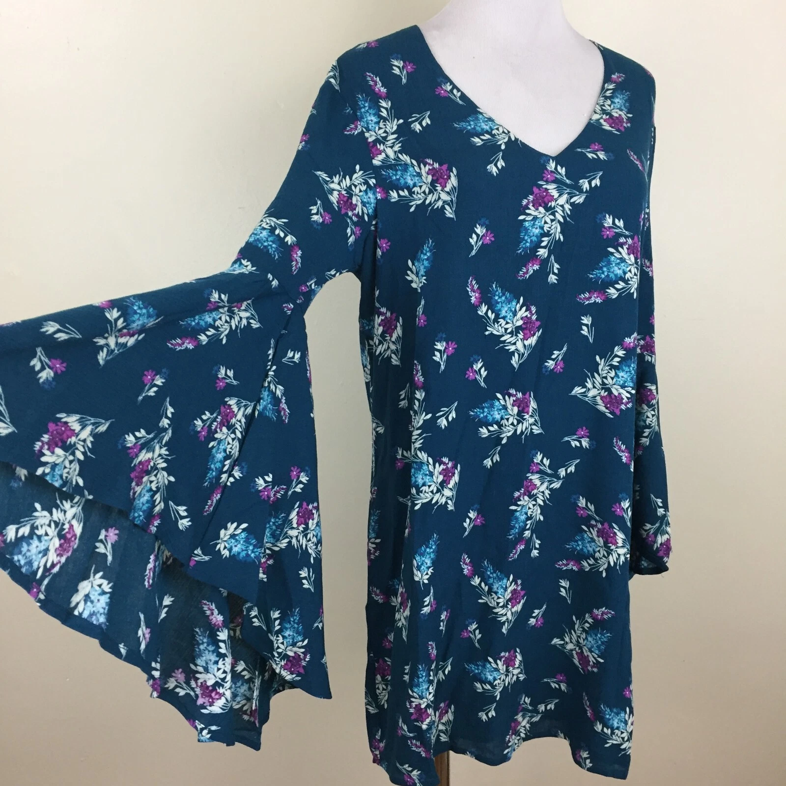 VETEMENTS Abito donna Wayf taglia media blu multicolore stampa floreale manica a campana scollo V nuovo con etichette