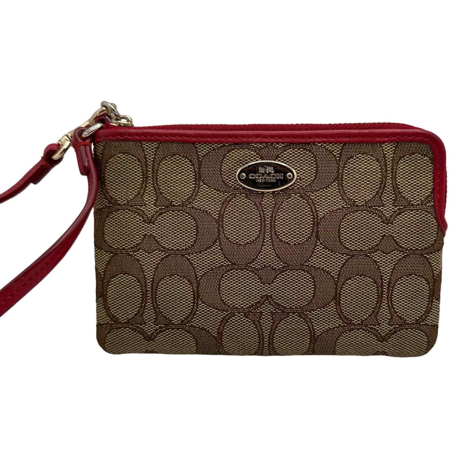 COACH Red and Brown Signature Canvas Wristlet Gem